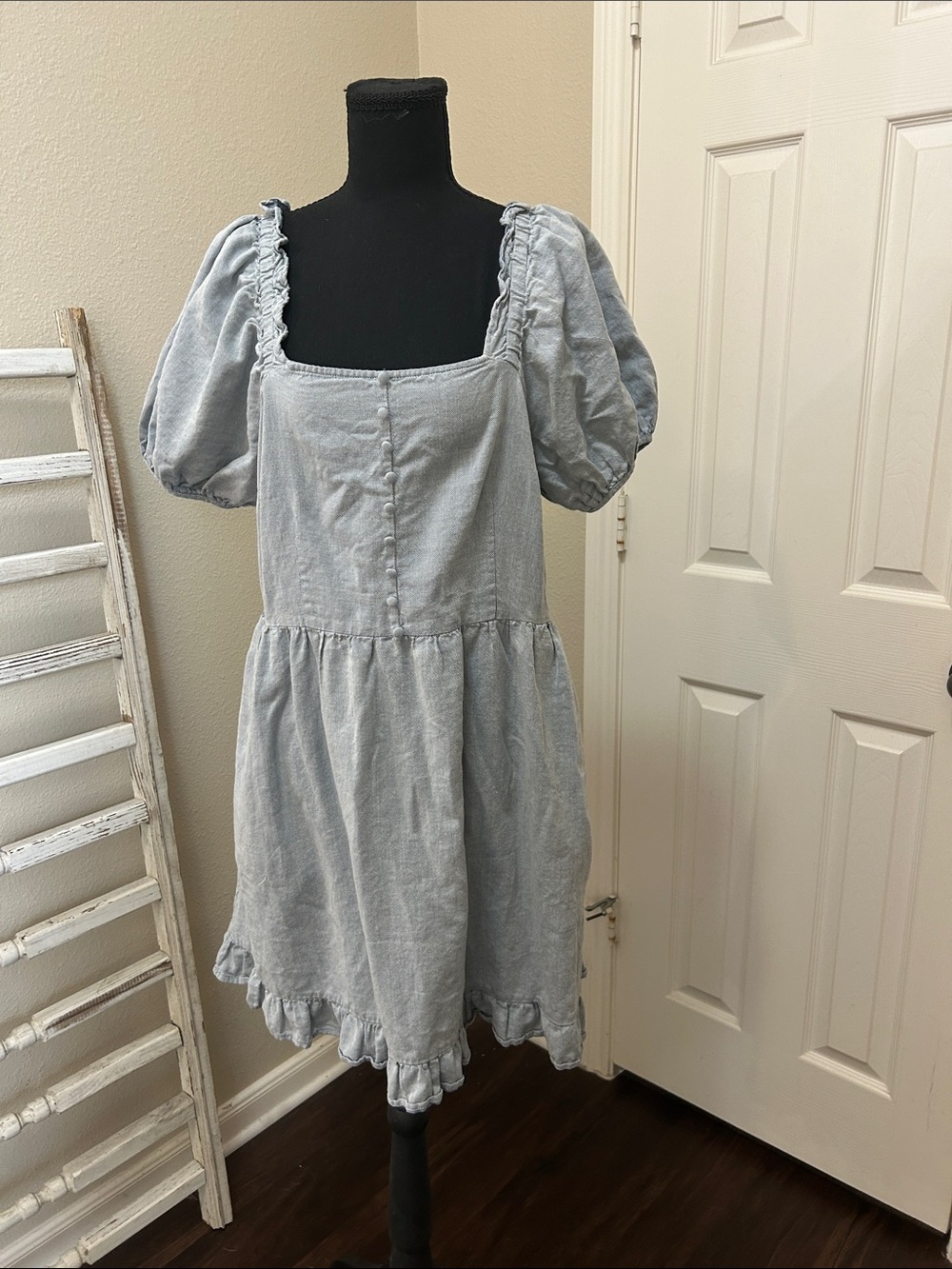 Who What Wear Light Blue Puff Sleeve Square Neck Dress